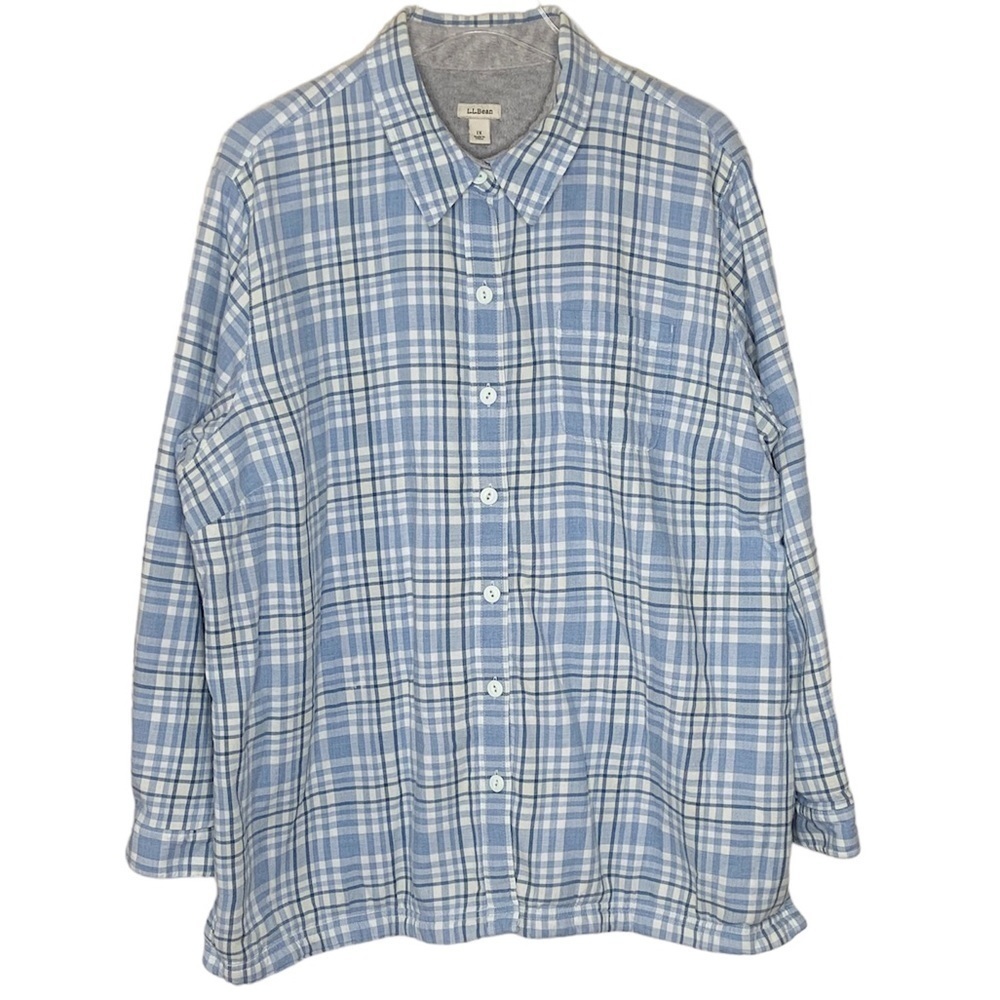 L L Bean Fleece Lined Flannel Shirt Jacket Check Plaid Blue Gray Smock Hem Sz 1X - Picture 1 of 14